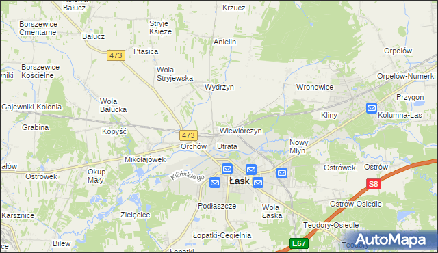 mapa Wiewiórczyn gmina Łask, Wiewiórczyn gmina Łask na mapie Targeo