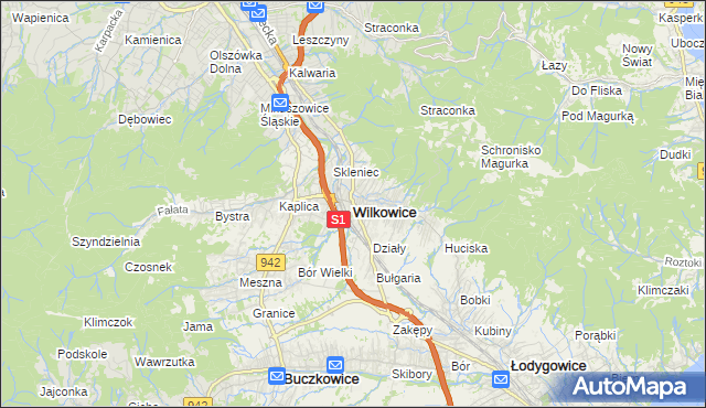 mapa Wilkowice powiat bielski, Wilkowice powiat bielski na mapie Targeo