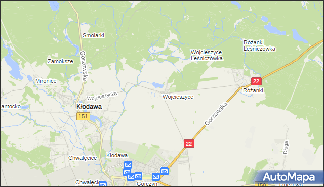 mapa Wojcieszyce gmina Kłodawa, Wojcieszyce gmina Kłodawa na mapie Targeo
