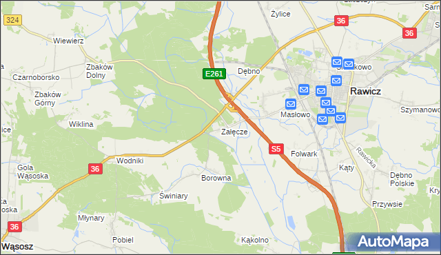 mapa Załęcze gmina Rawicz, Załęcze gmina Rawicz na mapie Targeo