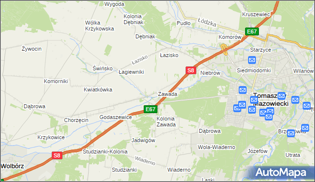 mapa Zawada gmina Tomaszów Mazowiecki, Zawada gmina Tomaszów Mazowiecki na mapie Targeo