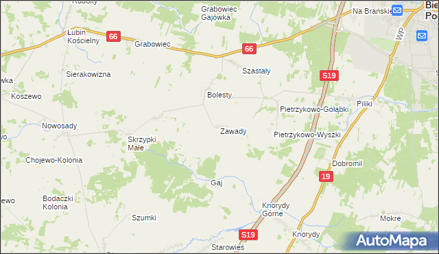 mapa Zawady gmina Bielsk Podlaski, Zawady gmina Bielsk Podlaski na mapie Targeo