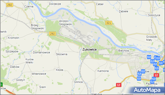 mapa Żukowice powiat głogowski, Żukowice powiat głogowski na mapie Targeo