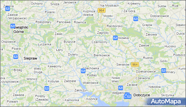 mapa Bieńkowice gmina Dobczyce, Bieńkowice gmina Dobczyce na mapie Targeo
