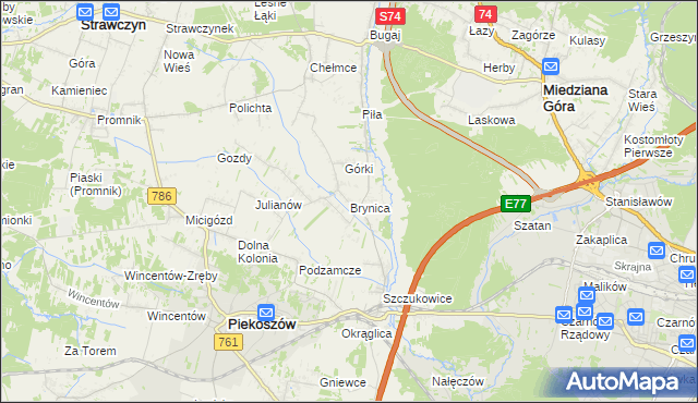 mapa Brynica gmina Piekoszów, Brynica gmina Piekoszów na mapie Targeo