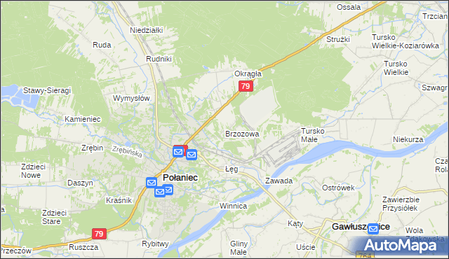 mapa Brzozowa gmina Połaniec, Brzozowa gmina Połaniec na mapie Targeo