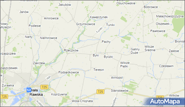 mapa Byki gmina Biała Rawska, Byki gmina Biała Rawska na mapie Targeo