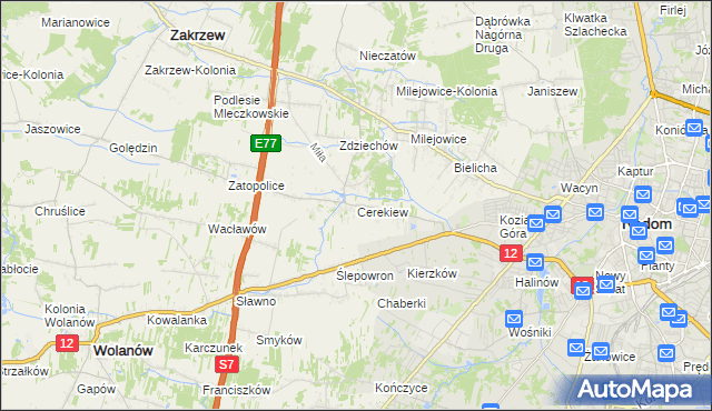 mapa Cerekiew gmina Zakrzew, Cerekiew gmina Zakrzew na mapie Targeo