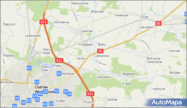 mapa Czekanów gmina Ostrów Wielkopolski, Czekanów gmina Ostrów Wielkopolski na mapie Targeo