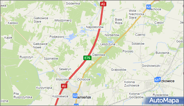 mapa Dąbrowa gmina Kamieńsk, Dąbrowa gmina Kamieńsk na mapie Targeo