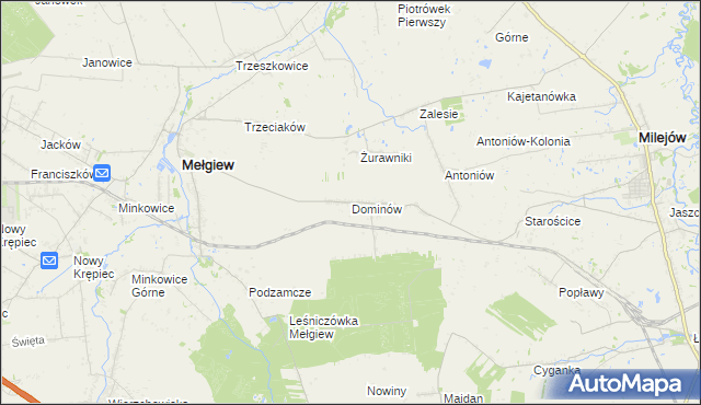 mapa Dominów gmina Mełgiew, Dominów gmina Mełgiew na mapie Targeo