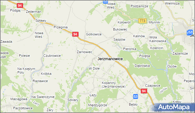 mapa Jerzmanowice gmina Jerzmanowice-Przeginia, Jerzmanowice gmina Jerzmanowice-Przeginia na mapie Targeo