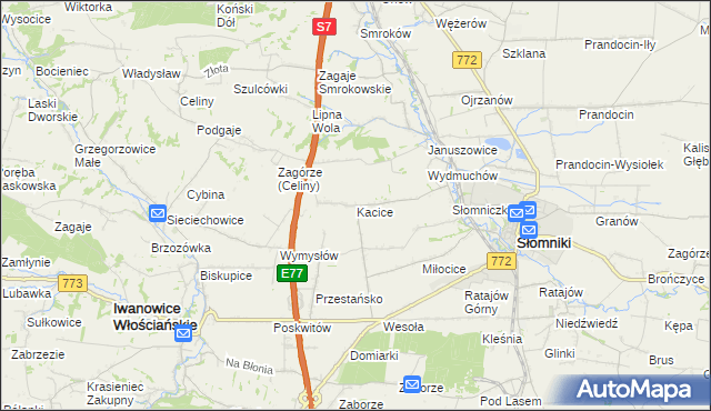mapa Kacice gmina Słomniki, Kacice gmina Słomniki na mapie Targeo