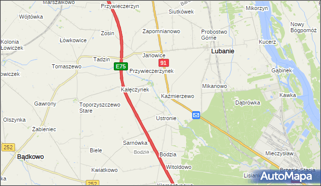 mapa Kaźmierzewo gmina Lubanie, Kaźmierzewo gmina Lubanie na mapie Targeo