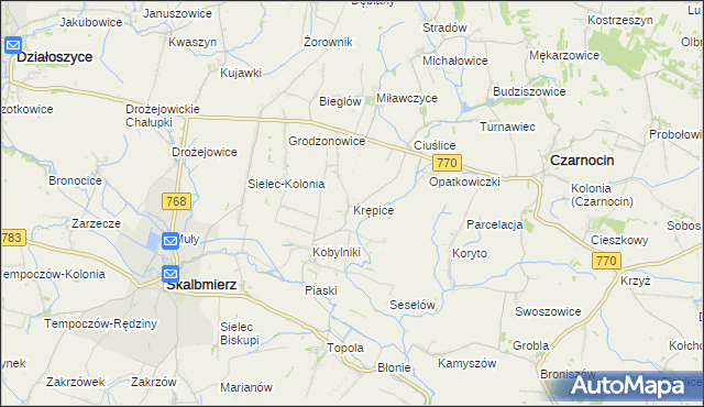 mapa Krępice gmina Skalbmierz, Krępice gmina Skalbmierz na mapie Targeo