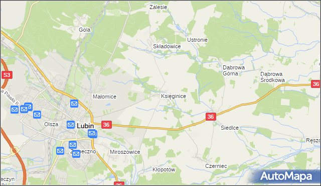 mapa Księginice gmina Lubin, Księginice gmina Lubin na mapie Targeo