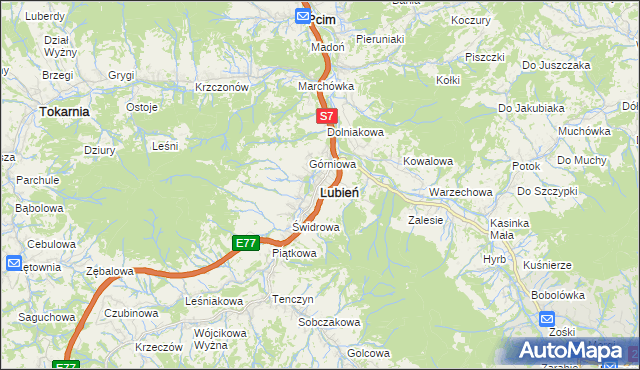 mapa Lubień powiat myślenicki, Lubień powiat myślenicki na mapie Targeo