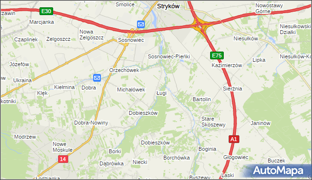 mapa Ługi gmina Stryków, Ługi gmina Stryków na mapie Targeo