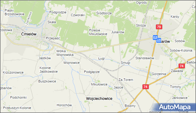 mapa Ługi gmina Wojciechowice, Ługi gmina Wojciechowice na mapie Targeo