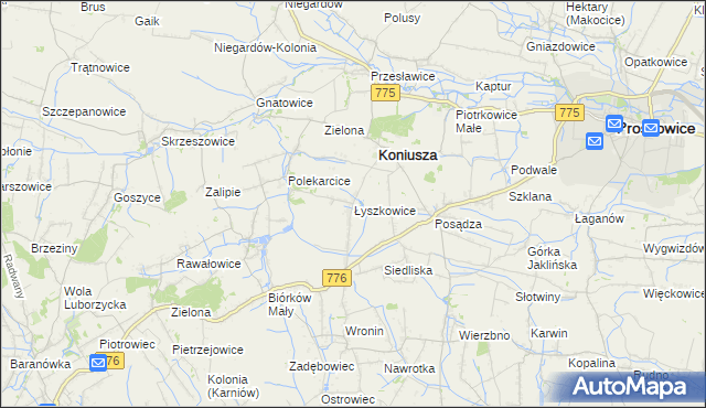 mapa Łyszkowice gmina Koniusza, Łyszkowice gmina Koniusza na mapie Targeo