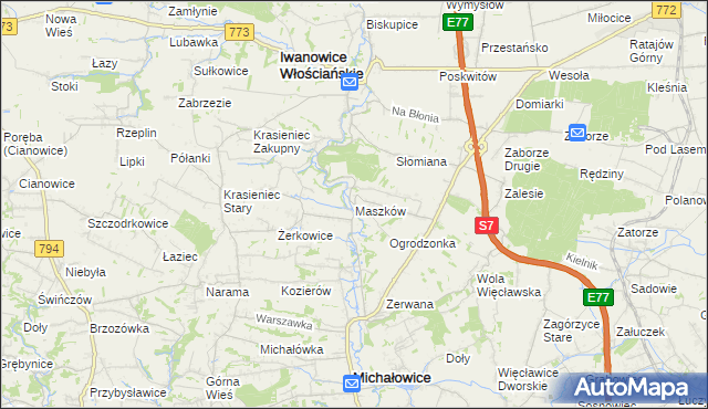 mapa Maszków gmina Iwanowice, Maszków gmina Iwanowice na mapie Targeo
