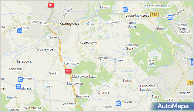 mapa Mysłów gmina Koziegłowy, Mysłów gmina Koziegłowy na mapie Targeo