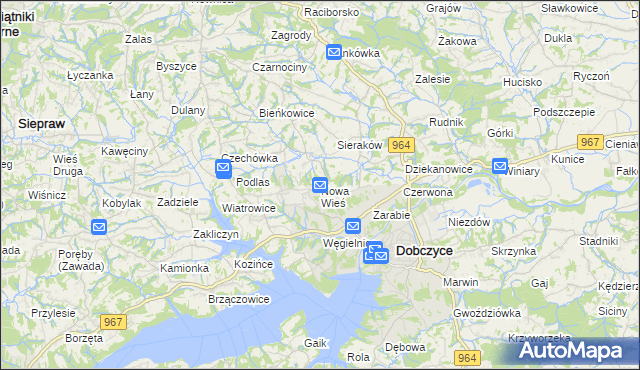 mapa Nowa Wieś gmina Dobczyce, Nowa Wieś gmina Dobczyce na mapie Targeo