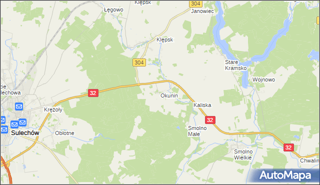 mapa Okunin gmina Sulechów, Okunin gmina Sulechów na mapie Targeo