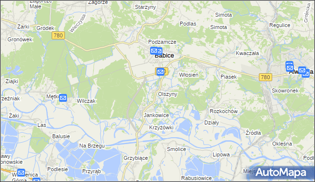 mapa Olszyny gmina Babice, Olszyny gmina Babice na mapie Targeo