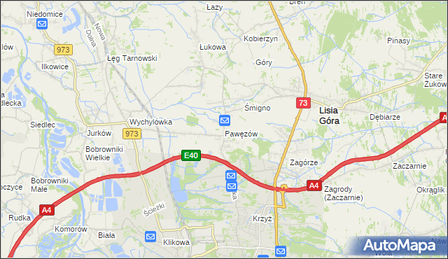 mapa Pawęzów gmina Lisia Góra, Pawęzów gmina Lisia Góra na mapie Targeo
