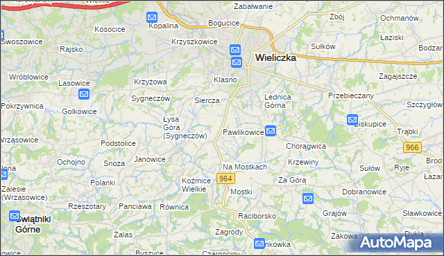 mapa Pawlikowice gmina Wieliczka, Pawlikowice gmina Wieliczka na mapie Targeo