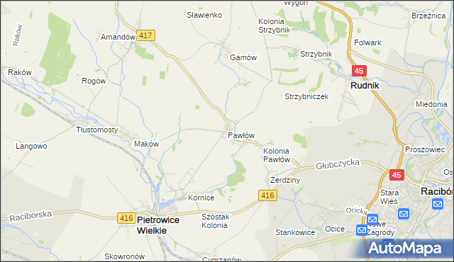 mapa Pawłów gmina Pietrowice Wielkie, Pawłów gmina Pietrowice Wielkie na mapie Targeo