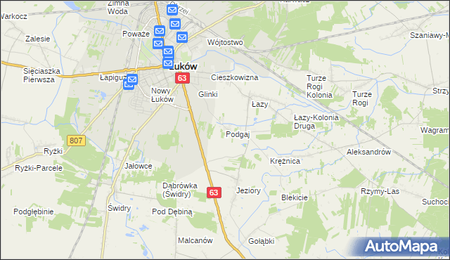 mapa Podgaj gmina Łuków, Podgaj gmina Łuków na mapie Targeo