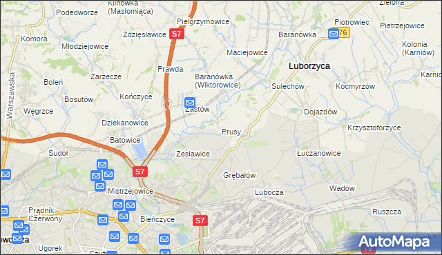 mapa Prusy gmina Kocmyrzów-Luborzyca, Prusy gmina Kocmyrzów-Luborzyca na mapie Targeo
