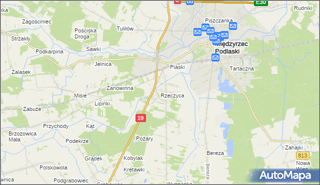 mapa Rzeczyca gmina Międzyrzec Podlaski, Rzeczyca gmina Międzyrzec Podlaski na mapie Targeo