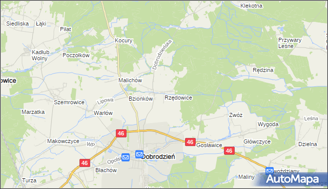 mapa Rzędowice gmina Dobrodzień, Rzędowice gmina Dobrodzień na mapie Targeo