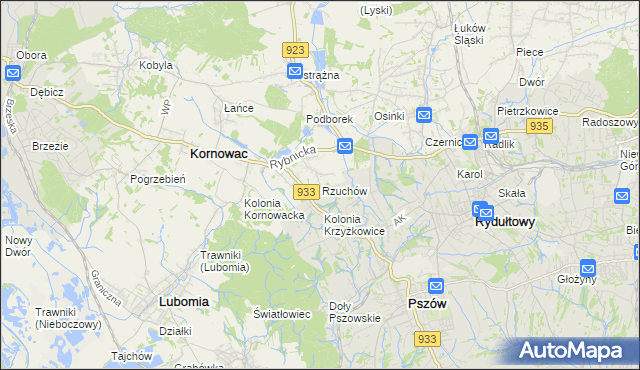 mapa Rzuchów gmina Kornowac, Rzuchów gmina Kornowac na mapie Targeo