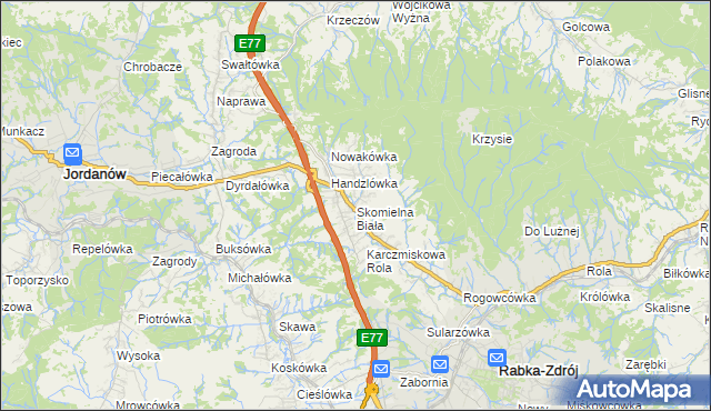 mapa Skomielna Biała, Skomielna Biała na mapie Targeo