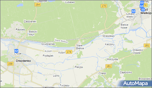 mapa Stare Bielice gmina Drezdenko, Stare Bielice gmina Drezdenko na mapie Targeo