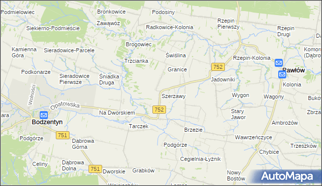 mapa Szerzawy gmina Pawłów, Szerzawy gmina Pawłów na mapie Targeo
