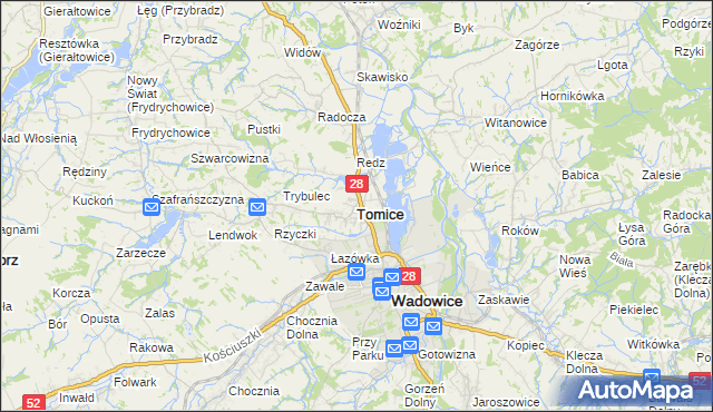 mapa Tomice powiat wadowicki, Tomice powiat wadowicki na mapie Targeo