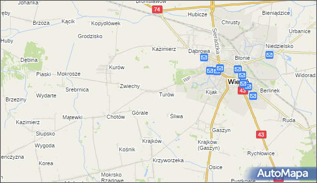mapa Turów gmina Wieluń, Turów gmina Wieluń na mapie Targeo