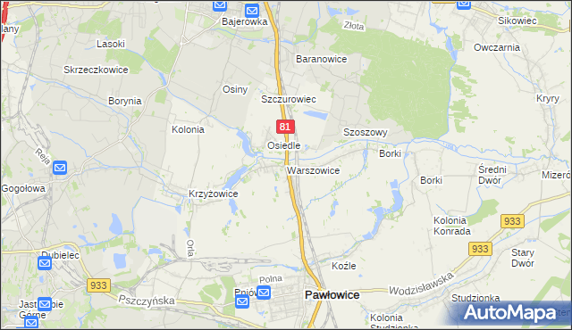 mapa Warszowice, Warszowice na mapie Targeo