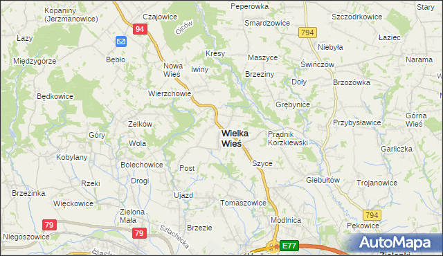 mapa Wielka Wieś powiat krakowski, Wielka Wieś powiat krakowski na mapie Targeo