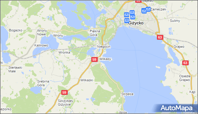 mapa Wilkasy gmina Giżycko, Wilkasy gmina Giżycko na mapie Targeo