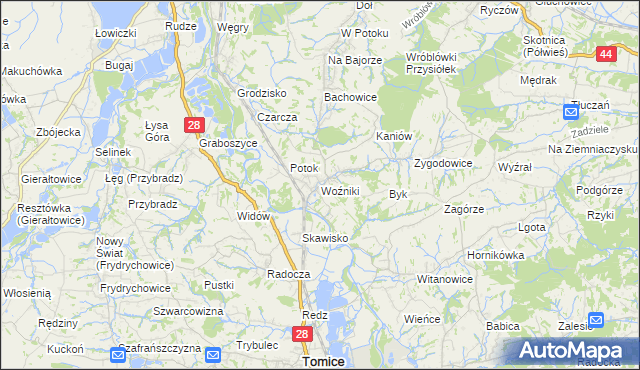 mapa Woźniki gmina Tomice, Woźniki gmina Tomice na mapie Targeo