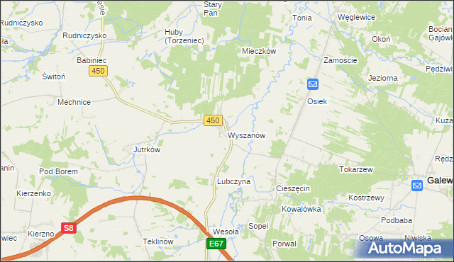 mapa Wyszanów gmina Wieruszów, Wyszanów gmina Wieruszów na mapie Targeo