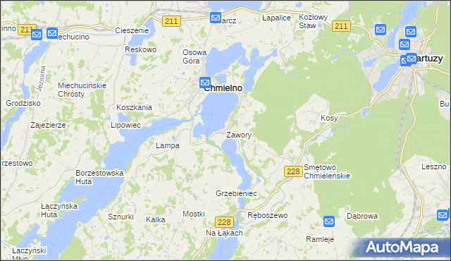 mapa Zawory gmina Chmielno, Zawory gmina Chmielno na mapie Targeo