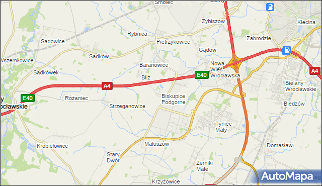 mapa Biskupice Podgórne, Biskupice Podgórne na mapie Targeo