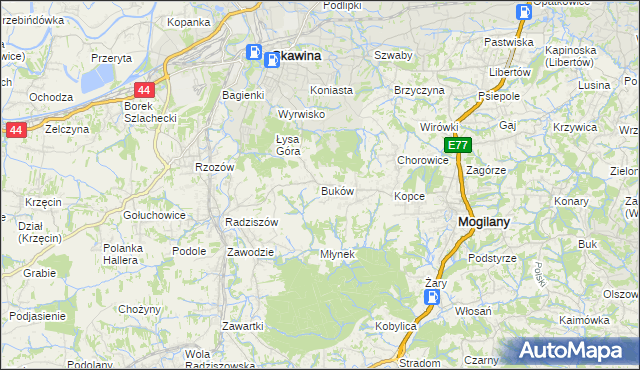 mapa Buków gmina Mogilany, Buków gmina Mogilany na mapie Targeo